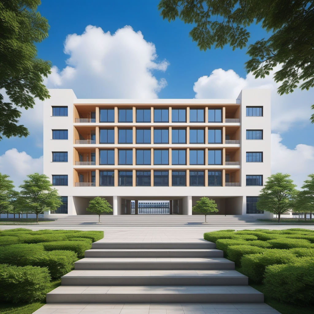 01058-2754123132-(masterpiece), best quality,8K,no humans, outdoors,_xuexiao,school,_building, day,blue sky,cloud,tree,grass,(stairs_0.8),window,.png